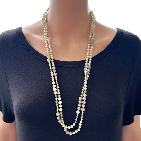 Sparkling Beaded Rope Necklace Cream Gold Tone 60 Inches - Picture 5 of 5